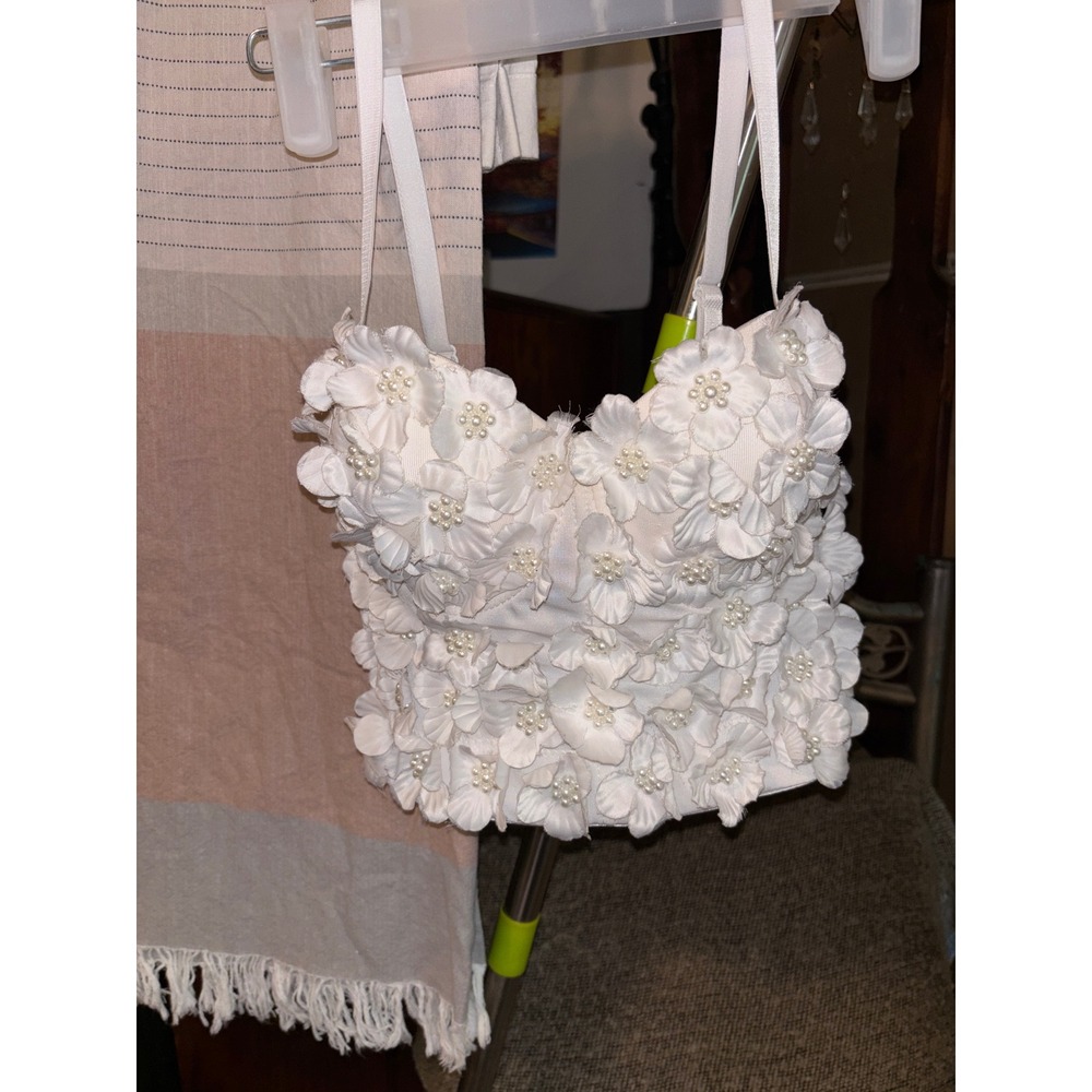 White 3D Floral Applique Pearl Corset Bustier Top Size 34B Small